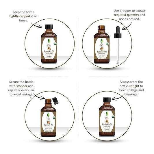 SVA Baobab Seed Oil Organic - 4 Fl Oz – 100% Natural Cold Pressed Organic Baobab Oil - for Face, Skin Care, Hair Care, Scalp Massage & Body Massage – Carrier Oil with Dropper