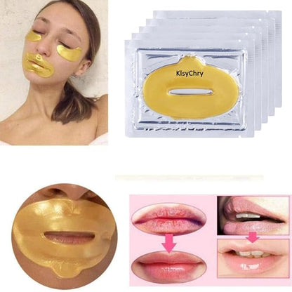 24K Gold Gel Crystal Collagen Lip and Eye Mask, 5 Pairs Gold Eye Mask Pads and 5 Pcs Gold Lip Patches for Moisturizing, Anti Wrinkle, Anti Aging, Hydrating Lips and Eyes