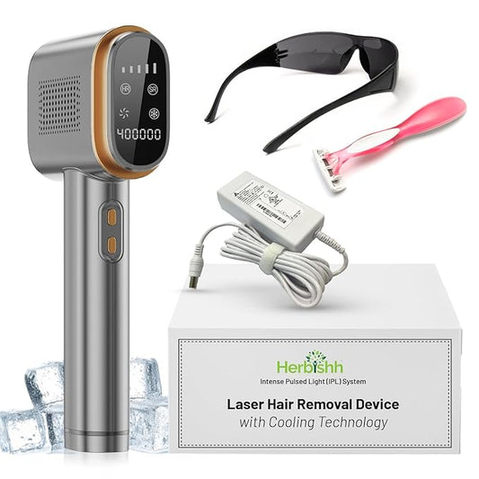 Herbishh IPL Laser Hair Removal Device, Painless Cooling Technology- 400,000 Flashes, Hair Removal Machine with 5 Intensity Levels, Skin Sensor & Dual Flash Modes- Manual & Auto, For Face & Body, Gray
