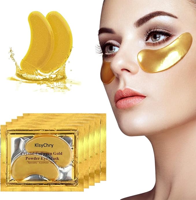 24K Gold Gel Crystal Collagen Lip and Eye Mask, 5 Pairs Gold Eye Mask Pads and 5 Pcs Gold Lip Patches for Moisturizing, Anti Wrinkle, Anti Aging, Hydrating Lips and Eyes