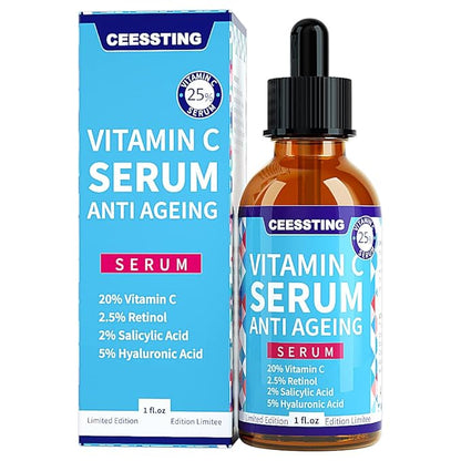 Ceessting Vitamin C Serum for Face - Anti-Aging Facial Serum with Hyaluronic Acid and Vitamin E - Improves Skin Texture, Glow and Elasticity - Reduces Wrinkles, Fine Lines and Dark Spots - 1 oz