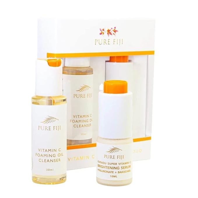 Pure Fiji Vitamin C Brightening Duo Kit - Foaming Oil and Brightening Vitamin C Face Serum - Anti Aging Anti-Wrinkle Facial Serum Gentle Foaming Oil, Antioxidant Serum, for All Skin Types