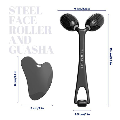 Yeamon Gua Sha Facial Tools and Face Roller Set, Facial Massage Tool for Women’s Skincare Routine,Cooling Stainless Steel Face Sculpting Eyes Roller Guasha for Daily Use or Self-Care Gift for Women