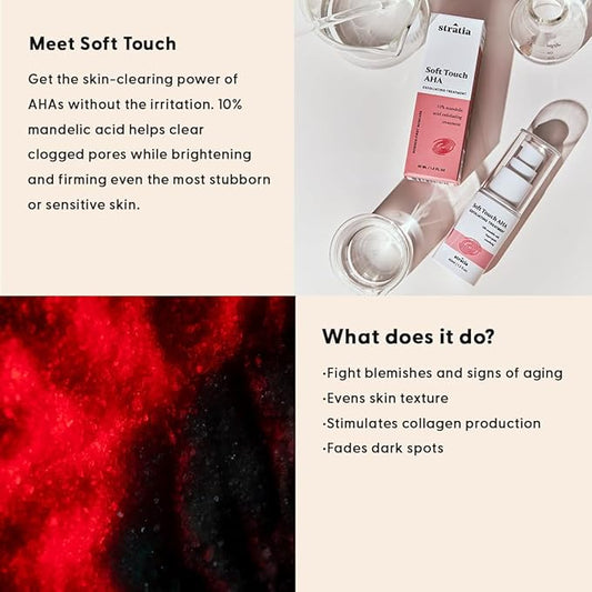 Stratia Soft Touch Dark Spot Corrector with 10% Mandelic Acid Serum for Fine Lines, Skin Texture & Blemishes - Collagen Booster, AHA Exfoliant and Pore Minimizer, 1.3 Fl Oz