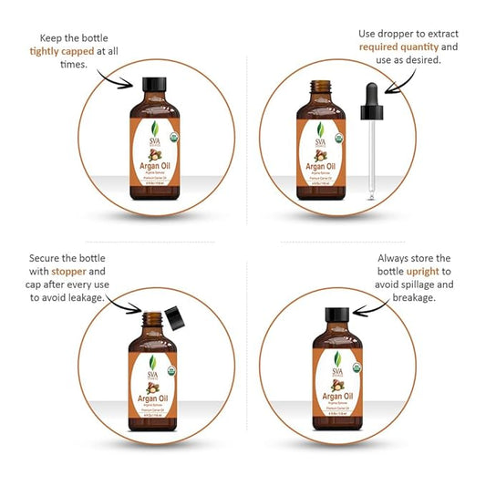 SVA Argan Oil Organic - 4 Fl Oz – 100% Natural Cold Pressed Organic Argan Oil - for Face, Skin Care, Hair Care, Scalp Massage & Body Massage – Carrier Oil with Dropper