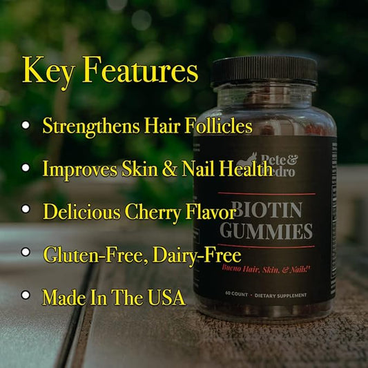 Pete & Pedro BIOTIN Gummies for Hair, Skin & Nails Growth for Women & Men |Hair Grow Supplement for Stronger Skin, & Nails | Cherry Biotin Gummy 5000mcg Per Serving | Seen on Shark Tank, 60 Count