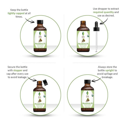 SVA Macadamia Seed Oil Organic - 4 Fl Oz – 100% Natural Cold Pressed Organic Macadamia Oil - for Face, Skin Care, Hair Care, Scalp Massage & Body Massage – Carrier Oil with Dropper