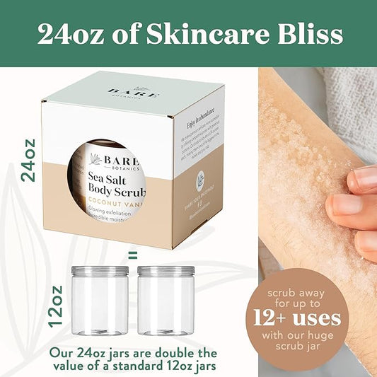 Bare Botanics Lavender Tea Tree Body Scrub 24oz | Made in Madison, WI | All Natural Sea Salt Exfoliator w/ Skin Loving Moisturizers | Vegan & Cruelty Free | Gift Ready Packaging w/ a Cute Wooden Spoon