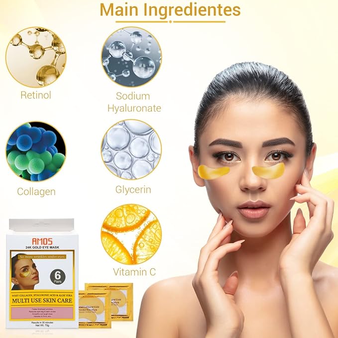 24K Gold Eye Masks for Dark Circles and Puffiness (6 Pairs) with Collagen, Aloe Vera & Hyaluronic Acid-Anti-Aging Under Eye Patches for Dark Circles and Puffiness-Reduce Wrinkles