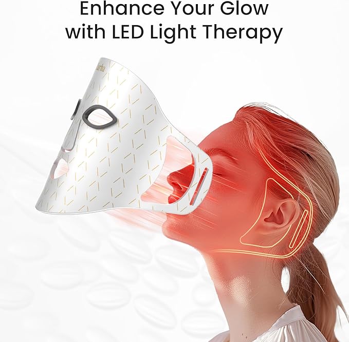 Red Light Therapy for Face - 4 Colors LED Face Mask Light Therapy with Timing Function, LED face Mask Light Therapy at Home 240 LED Beads (White+Silver)