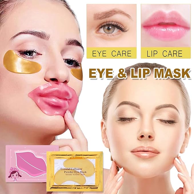 30 Pairs Lip Masks & 24K Gold Eye Masks, Crystal Collagen Eye Patches for Puffy Eyes, Moisturizing & Reduce Wrinkles, Lip Care & Under Eye Mask for Dark Circles and Puffiness