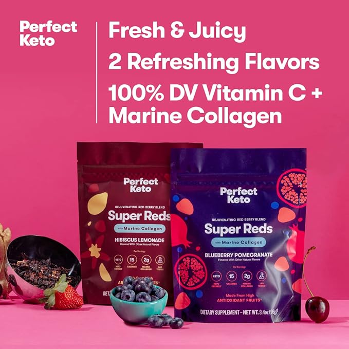 Perfect Keto Super Reds Superfood Powder, Antioxidants Supplement with Fruit & Vegetable Powder, Polyphenols & Marine Collagen, Drink Mix for Skin & Energy Support, Blueberry Pomegranate, 20 Servings