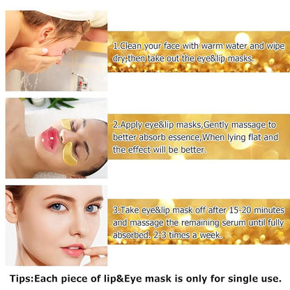 40 Pairs Peach Red Lip Masks & Eye Masks, 24K Gold Gel Collagen Eye Patches for Puffy Eyes, Dark Circles, Wrinkles and Eye Bags, Collagen Crystal Mask Set for Women Men