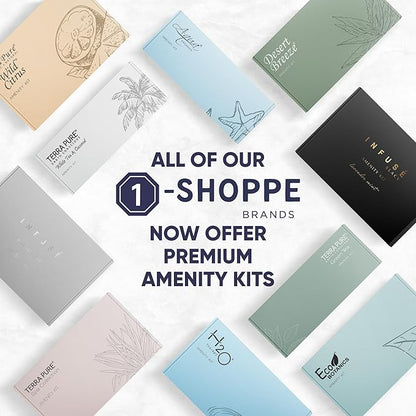 1-Shoppe Aqua Organics Amenity Kit | Boxed Hotel Toiletries Bulk Set | 1 oz Shampoo, Conditioner, Lotion, Body Wash & Bar Soap | 75 Sets per Case