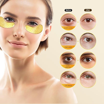30 Pcs 24K Gold Under Eye Patches Kit, Collagen Golden Eye Mask for Puffy Eyes, Dark Circles, Women Travel Undereye Gel Pads for Puffiness Wrinkle, Men Cooling Hydrating Eye Skin Care