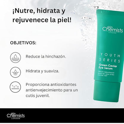 Skin Chemists Anti-Aging Eye Serum, 15ml - Green Caviar Extract & Matrikine Peptide 6 for Under Eye Wrinkle Reduction, Hydrating and Elasticated Skin