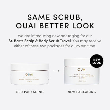 OUAI Scalp & Body Scrub, St. Barts Travel Size - Exfoliating Body Scrub with Sugar & Coconut Oil Blend for Smooth, Moisturized Skin - Gentle Scalp Scrub for Removing Product Build Up (3.4 oz)