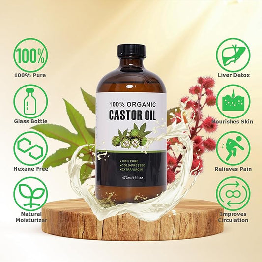 Organic Cold Pressed Unrefined Castor Oil (16oz/473ml), Castor Oil Pack Kit with Organic Cotton Wrap for Waist, Knees, Neck