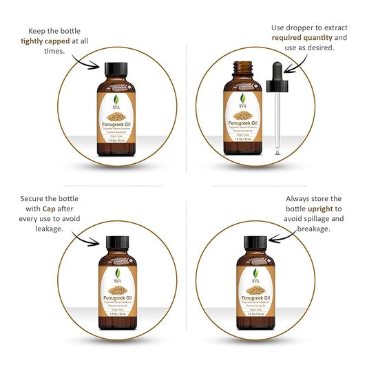 SVA Fenugreek Seed Oil - 1 Fl Oz – 100% Natural Cold Pressed Fenugreek Oil - for Face, Skin Care, Hair Care, Scalp Massage & Body Massage – Carrier Oil with Dropper