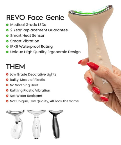 REVO Genie | Face & Neck Beauty Massager with Ultra Powerful LEDs for Wrinkles, Fine Lines, Puffy Skin, Uneven Skin Tone, Lymphatic Drainage, Lifting & Firming Facial Sculpting Tool with Light Therapy