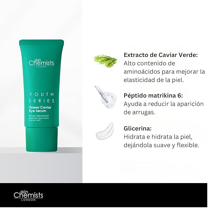 Skin Chemists Anti-Aging Eye Serum, 15ml - Green Caviar Extract & Matrikine Peptide 6 for Under Eye Wrinkle Reduction, Hydrating and Elasticated Skin