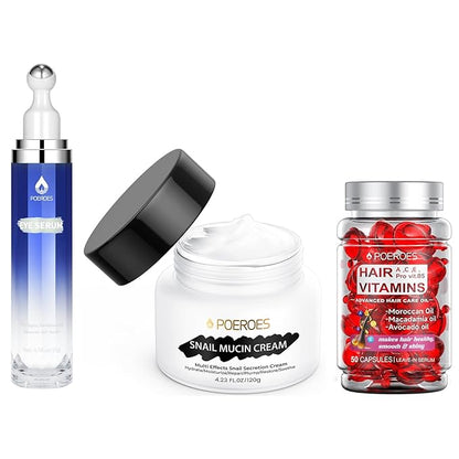 Ultimate Beauty Set: Caffeine Eye Serum, Hair Vitamins for Frizzy/Damaged Hair, and Snail Mucin Moisturizer for All Skin Types, 0.5 fl. oz Eye Serum + 50 Capsules + 4.23 fl. oz Eye Cream