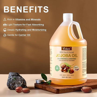 1 Gallon Jojoba Oil EWG Verified - 100% Pure Jojoba Oil Bulk Cold Pressed Unrefined Hexane Free Virgin Golden Jojoba Carrier Oil for Hair Skin Massage DIY Natural Body Moisturizer