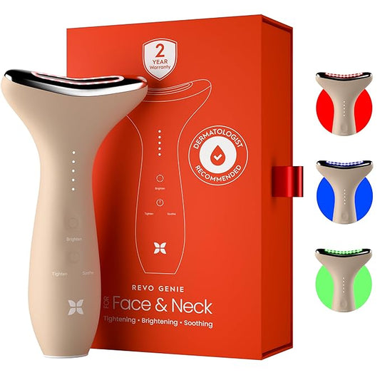 REVO Genie | Face & Neck Beauty Massager with Ultra Powerful LEDs for Wrinkles, Fine Lines, Puffy Skin, Uneven Skin Tone, Lymphatic Drainage, Lifting & Firming Facial Sculpting Tool with Light Therapy