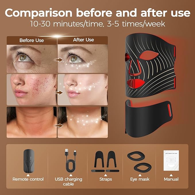 Red Light Therapy for Face,LED Face Mask Light Therapy with Neck Device,103 3-in-1 Light Beads,Remoter Rechargeable,Timing Function,Infrared Red Light Therapy Mask for Home Working Travel Yoga Sleep