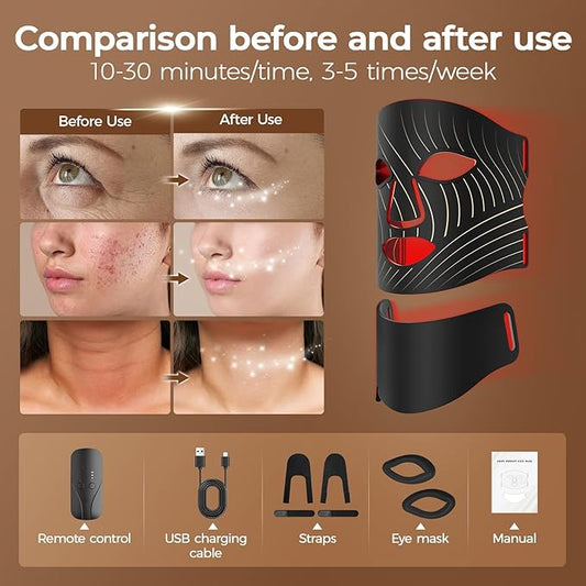 Red Light Therapy for Face,LED Face Mask Light Therapy with Neck Device,103 3-in-1 Light Beads,Remoter Rechargeable,Timing Function,Infrared Red Light Therapy Mask for Home Working Travel Yoga Sleep