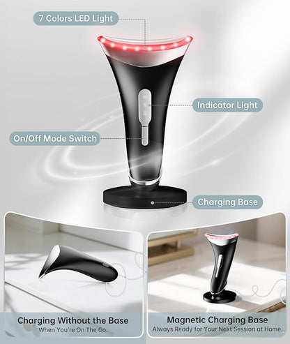 7 Color Light Therapy Facial Massager with Adjustable Vibration and Thermals for Wrinkles, Double Chin, Red Light Skin Care Tool with Base, Black