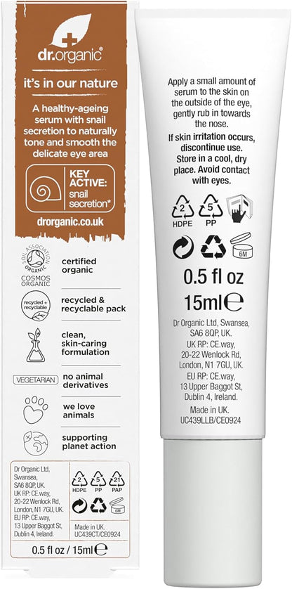Dr. Organic Snail Gel Eye Serum | Tightens and Hydrates Delicate Eye Area, Reduces Puffiness, Natural, Certified Organic, Paraben & SLS-Free, 15 mL / 0.5 fl oz