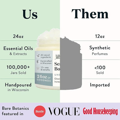 Bare Botanics Unscented Body Scrub 24 oz - Naturally Scented Sea Salt Scrub Made in Madison, WI - Formulated w/Skin Loving Moisturizers - Vegan, Cruelty Free Exfoliator w/a Cute Wooden Spoon