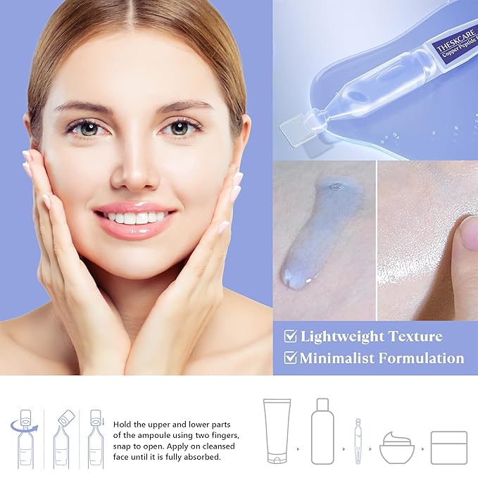 Copper Peptide Serum Ampoule for Face with Niacinamide & Hyaluronic Acid to Hydrate Skin, Reduce Wrinkles and Plump Skin,30 Ampoules