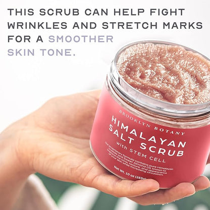 Brooklyn Botany Himalayan Salt & Stem Cell Body Scrub - Moisturizing and Exfoliating Body, Face, Hand, Foot Scrub - Fights Stretch Marks, Fine Lines, Wrinkles - Great Gifts for Women & Men - 10 oz