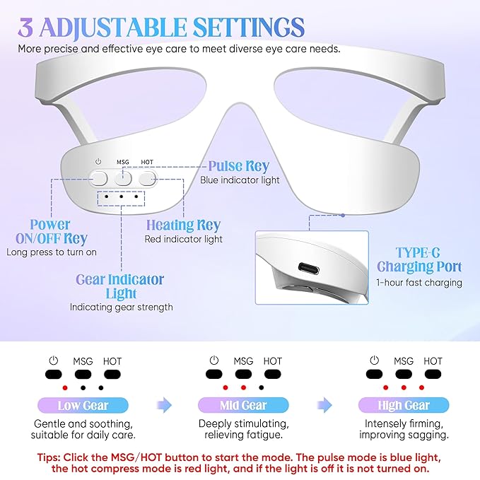Under-Eye Light Therapy Device, Beauty Device with Pulsed, Light Therapy, and Heat, for Relieving Eye Bags, Eye Fatigue, and Dark Circles, with Gel and glass Strap (white)