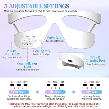 Under-Eye Light Therapy Device, Beauty Device with Pulsed, Light Therapy, and Heat, for Relieving Eye Bags, Eye Fatigue, and Dark Circles, with Gel and glass Strap (white)