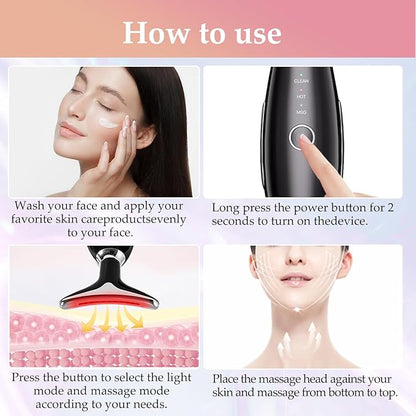 7 Colors Facial and Neck Massager,Lymphatic Contour Face Massager for Womens Skin Care- Rejuvenation- Lifting- Toning- Glow Boost-Tightening and Smooth (Black)