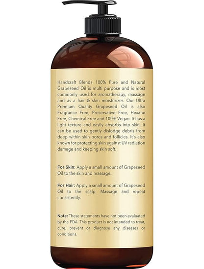 Handcraft Blends Grapeseed Oil - Cold-Pressed 16 Fl Oz (Pack of 2) - 100% Pure and Natural - Premium Grade Carrier Oil for Skin and Hair - Hair and Body - Massage - Hexane-Free