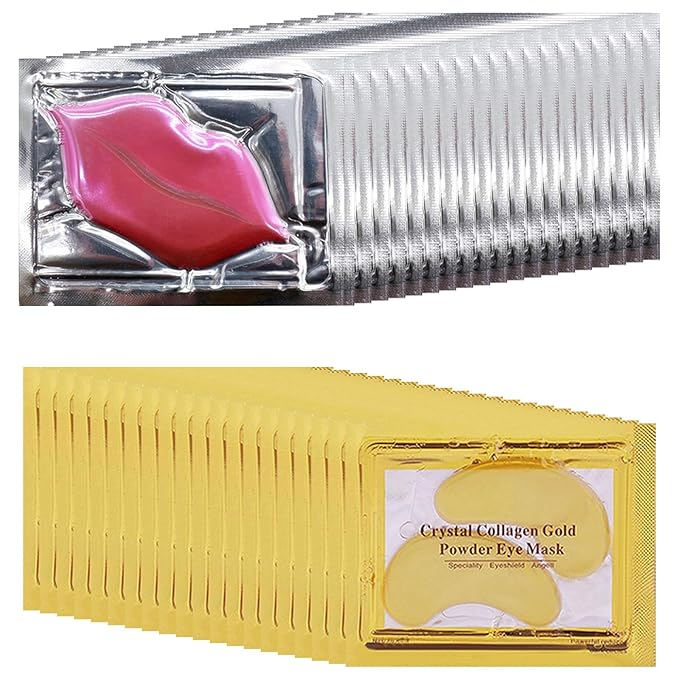 40 Pairs Eye Mask & Lip Mask, Moisturizing Lip Masks, 24K Gold Gel Crystal Collagen Under Eye Patches for Dark Circles, Wrinkles, Eye Bags and Fine Lines