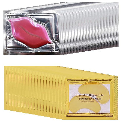 40 Pairs Eye Mask & Lip Mask, Moisturizing Lip Masks, 24K Gold Gel Crystal Collagen Under Eye Patches for Dark Circles, Wrinkles, Eye Bags and Fine Lines