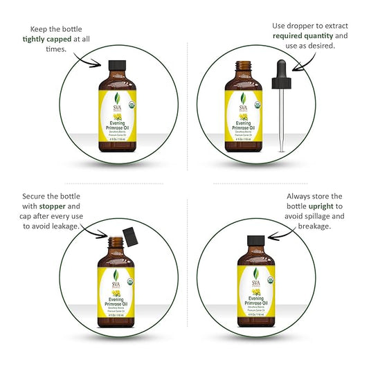 SVA Evening Primrose Oil Organic - 4 Fl Oz – 100% Natural Cold Pressed Organic Evening Primrose Oil - for Face, Skin Care, Hair Care, Scalp Massage & Body Massage – Carrier Oil with Dropper