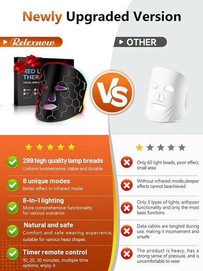 LED Fcae Mask Light Therapy, 8 Modes 288 Beads Red Light Therapy for Face, Portable Remote Timer, 630nm & 850nm Infrared Therapy Mask for Anti-Aging, Skin Rejuvenation at Home