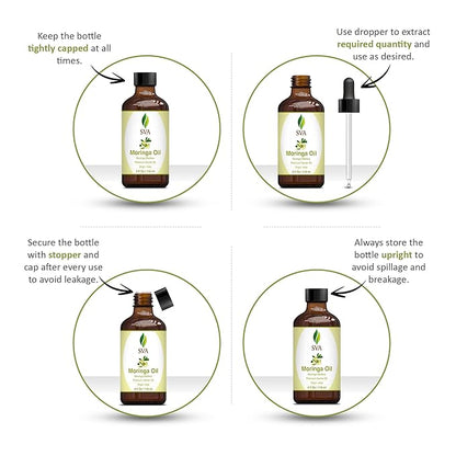 SVA Moringa Seed Oil - 4 Fl Oz – 100% Natural Cold Pressed Moringa Oil - for Face, Skin Care, Hair Care, Scalp Massage & Body Massage – Carrier Oil with Dropper