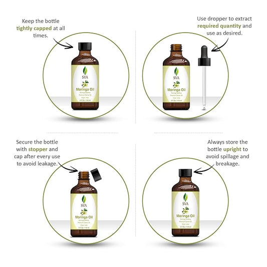 SVA Moringa Seed Oil - 4 Fl Oz – 100% Natural Cold Pressed Moringa Oil - for Face, Skin Care, Hair Care, Scalp Massage & Body Massage – Carrier Oil with Dropper