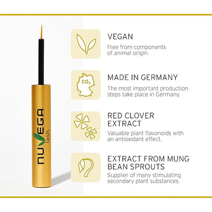 Nuvega Lash - Vegan Eyelash Serum & Eyebrow Serum for Long Eyelashes in just 4-6 Weeks I Lash Serum I Eyelash Growth Serum I Made in Germany I 3ml