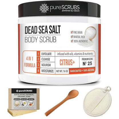 pureSCRUBS Premium Citrus Body Scrub Set - Large 16oz Dead Sea Salt Body Scrub With Infused Essential Oils & Nutrients, Includes Wooden Spoon, Loofah & Oatmeal Exfoliating Bar Soap