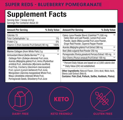 Perfect Keto Super Reds Superfood Powder, Antioxidants Supplement with Fruit & Vegetable Powder, Polyphenols & Marine Collagen, Drink Mix for Skin & Energy Support, Blueberry Pomegranate, 20 Servings