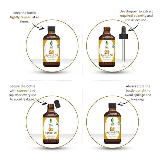 SVA Apricot Seed Oil Organic - 4 Fl Oz – 100% Natural Cold Pressed Organic Apricot Oil - for Face, Skin Care, Hair Care, Scalp Massage & Body Massage – Carrier Oil with Dropper