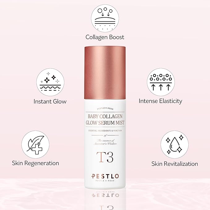 PESTLO T3 Baby Collagen Glow Serum Mist Spray for Korean Glass Skin with Vegan Collagen and Elastic Glow-Boosting Ingredients, 1.69 Fl Oz (50ml)